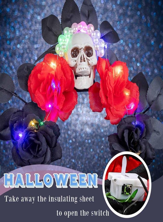 Firuilo Light Up Halloween Headband Skull Flower Crown Headbands Day of the Dead Headpieces Glitter Costume Hair Accessories for Women - Image 3